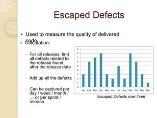 Escaped Defects
• Used to measure the quality of delivered
  code
 Calculation:
                             9

  ◦ For all releases, find   8
                             7
    all defects related to
                             6
    the release found
                             5
    after the release date
                             4
                             3
  ◦ Add up all the defects   2
                             1


  ◦ Can be captured per
                             0
                                 Jan   Feb Mar    Apr May Jun   Jul   Aug Sep   Oct   Nov Dec
    day / week / month /
    … or per sprint /                            Escaped Defects over Time
    release
 