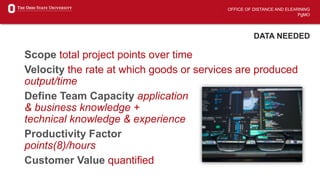 OFFICE OF DISTANCE AND ELEARNING
PgMO
DATA NEEDED
Scope total project points over time
Velocity the rate at which goods or services are produced
output/time
Define Team Capacity application
& business knowledge +
technical knowledge & experience
Productivity Factor
points(8)/hours
Customer Value quantified
 