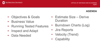 OFFICE OF DISTANCE AND ELEARNING
PgMO
AGENDA
• Objectives & Goals
• Business Value
• Running Tested Features
• Inspect and Adapt
• Data Needed
• Estimate Size – Derive
Duration
• Burndown Charts (Log)
• Jira Reports
• Velocity (Trend)
• Capability
 