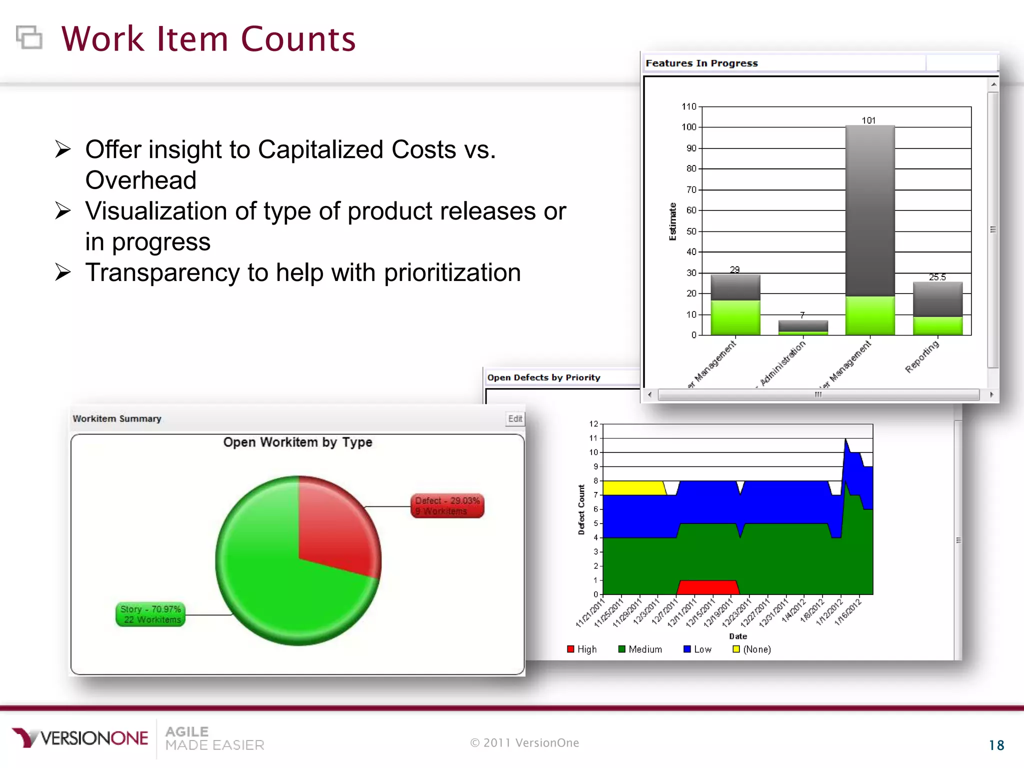 © 2011 VersionOne 18
Work Item Counts
 Offer insight to Capitalized Costs vs.
Overhead
 Visualization of type of product releases or
in progress
 Transparency to help with prioritization
 