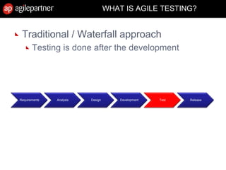 Traditional / Waterfall approach
Testing is done after the development
Requirements Analysis Design Development Test Release
WHAT IS AGILE TESTING?
15 July 2010 Agile Mëtteg - Agile testing 14
 