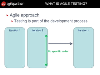 Agile approach
Testing is part of the development process
WHAT IS AGILE TESTING?
15 July 2010 Agile Mëtteg - Agile testing 15
Iteration 1 Iteration 2 Iteration n
No specific order
 