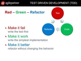 TEST DRIVEN DEVELOPMENT (TDD)
Red – Green – Refactor
Make it fail
write the test first
Make it work
write the simplest implementation
Make it better
refactor without changing the behavior
15 July 2010 Agile Mëtteg - Agile testing 44
Test
CodeRefactor
 