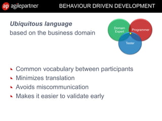 BEHAVIOUR DRIVEN DEVELOPMENT
Ubiquitous language
based on the business domain
Common vocabulary between participants
Minimizes translation
Avoids miscommunication
Makes it easier to validate early
15 July 2010 Agile Mëtteg - Agile testing 59
Domain
Expert
Programmer
Tester
 
