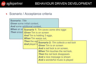 BEHAVIOUR DRIVEN DEVELOPMENT
Scenario / Acceptance criteria
Scenario: Title
Given some initial context,
And some additional context,
When an event occurs,
Then ensure some outcomes
Scenario 1: Tim saves some dino eggs
Given Tim is on screen
And Tim is holding 3 eggs,
When Tim warps out,
Then the eggs disappear
And player‘s score is increased by 6 points
Scenario 2: Tim collects a red lock
Given Tim is on screen
And a red lock is on screen,
When Tim touches the red lock,
Then the red lock disappears
And a nice message is shown
And a wonderful music is played
 