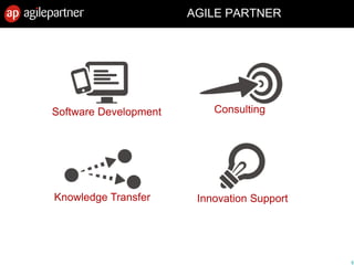 6.
AGILE PARTNER
28 Feb. 2013 Introduction to agile methods 6
Software Development
Knowledge Transfer Innovation Support
Consulting
 