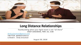Long Distance Relationships
Teambuilding when your Agile team is not “all there”
ANDY GROSMAN, PMP, SA, CSM
Andy.grosman@gmail.com
TWITTER: @ANDYISAGILE
Linkedin: Andy Grosman
August 30, 2018
 