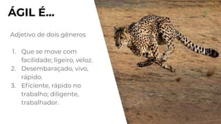 ÁGIL É...
Adjetivo de dois gêneros
1. Que se move com
facilidade; ligeiro, veloz.
2. Desembaraçado, vivo,
rápido.
3. Eﬁciente, rápido no
trabalho; diligente,
trabalhador.
 