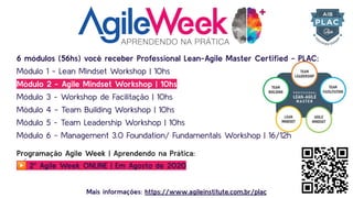 6 módulos (56hs) você receber Professional Lean-Agile Master Certiﬁed - PLAC:
Módulo 1 - Lean Mindset Workshop | 10hs
Módulo 2 - Agile Mindset Workshop | 10hs
Módulo 3 - Workshop de Facilitação | 10hs
Módulo 4 - Team Building Workshop | 10hs
Módulo 5 - Team Leadership Workshop | 10hs
Módulo 6 - Management 3.0 Foundation/ Fundamentals Workshop | 16/12h
Programação Agile Week | Aprendendo na Prática:
▶ 2º Agile Week ONLINE | Em Agosto de 2020
Mais informações: https://www.agileinstitute.com.br/plac
 