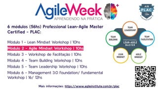 6 módulos (56hs) Professional Lean-Agile Master
Certiﬁed - PLAC:
Módulo 1 - Lean Mindset Workshop | 10hs
Módulo 2 - Agile Mindset Workshop | 10hs
Módulo 3 - Workshop de Facilitação | 10hs
Módulo 4 - Team Building Workshop | 10hs
Módulo 5 - Team Leadership Workshop | 10hs
Módulo 6 - Management 3.0 Foundation/ Fundamental
Workshop | 16/ 12hs
Mais informações: https://www.agileinstitute.com.br/plac
 