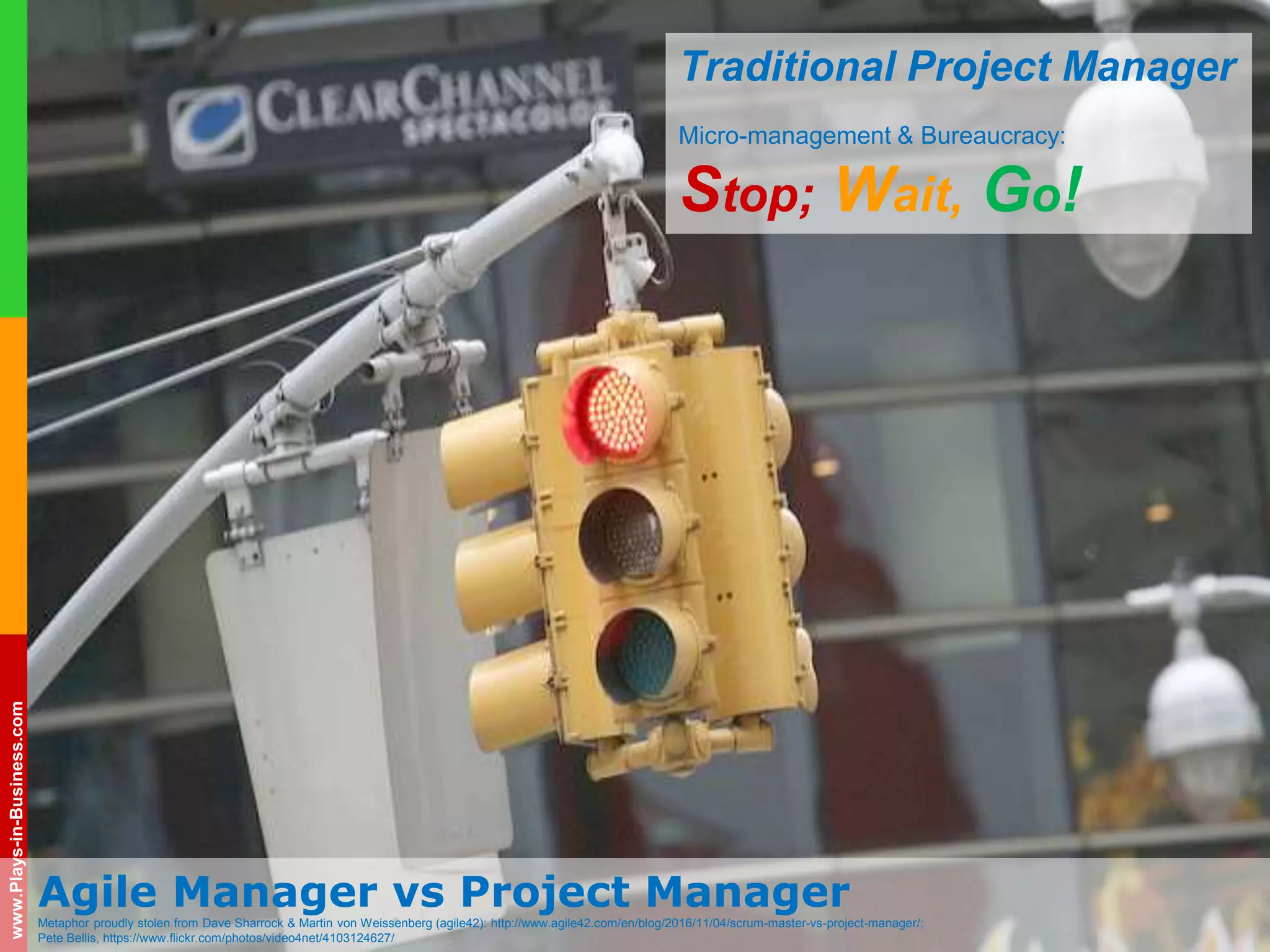 www.plays-in-business.com
www.Plays-in-Business.com
Traditional Project Manager
Micro-management & Bureaucracy:
Stop; Wait, Go!
Agile Manager vs Project ManagerMetaphor proudly stolen from Dave Sharrock & Martin von Weissenberg (agile42): http://www.agile42.com/en/blog/2016/11/04/scrum-master-vs-project-manager/;
Pete Bellis, https://www.flickr.com/photos/video4net/4103124627/
 