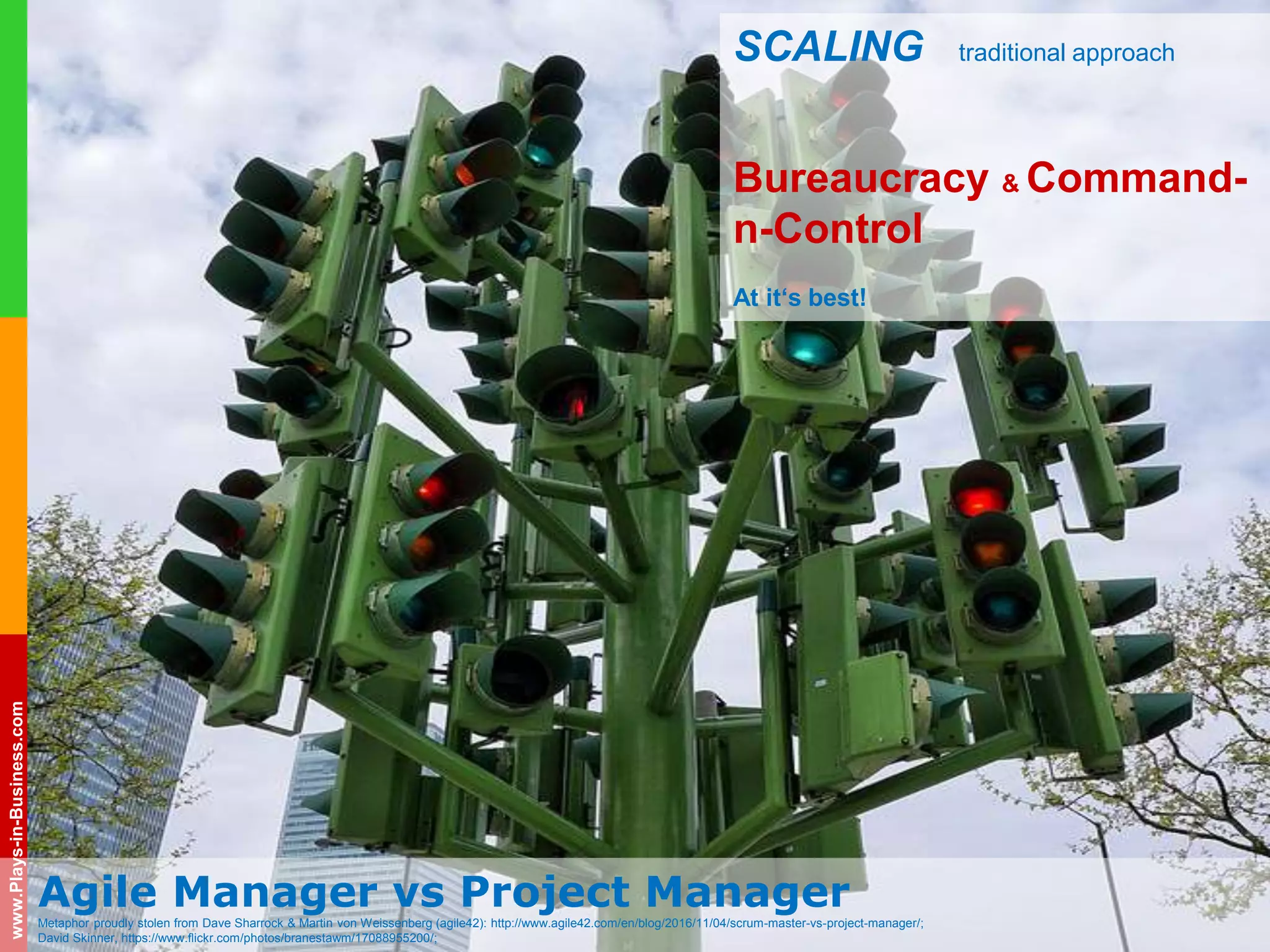 www.plays-in-business.com
www.Plays-in-Business.com
Agile Manager vs Project ManagerMetaphor proudly stolen from Dave Sharrock & Martin von Weissenberg (agile42): http://www.agile42.com/en/blog/2016/11/04/scrum-master-vs-project-manager/;
David Skinner, https://www.flickr.com/photos/branestawm/17088955200/;
SCALING traditional approach
Bureaucracy & Command-
n-Control
At it‘s best!
 