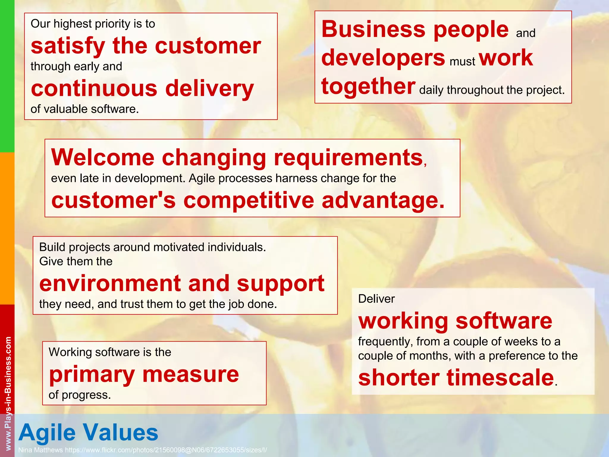 www.plays-in-business.com
www.Plays-in-Business.com
Agile Values
Nina Matthews https://www.flickr.com/photos/21560098@N06/6722653055/sizes/l/
Agile processes promote sustainable development.
The sponsors, developers, and users should be able to
maintain a constant pace
indefinitely.
Continuous attention to
technical excellence
and good design enhances agility.
Simplicity– the art of maximizing
the amount of work not done – is
essential.
The best architectures, requirements, and designs
emerge from self-organizing teams.
At regular intervals, the team reflects on how to become more
effective, then tunes and adjusts its
behavior accordingly.
The most efficient and effective
method of conveying information to
and within a development team is
face-to-face
conversation.
 