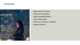 Introduction
• Agile Values & Principles
• Growth & Fixed Mindset
• Agile & Waterfall Mindsets
• Doing & Being Agile
• What is the meaning of ‘Mindset’?
• Mindset Indicators
 