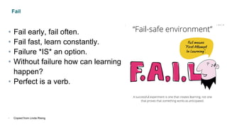Fail
• Fail early, fail often.
• Fail fast, learn constantly.
• Failure *IS* an option.
• Without failure how can learning
happen?
• Perfect is a verb.
• Copied from Linda Rising
 
