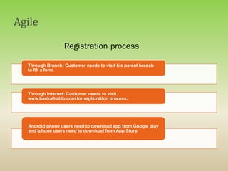 Registration process
Through Branch: Customer needs to visit his parent branch
to fill a form.
Through Internet: Customer needs to visit
www.bankalhabib.com for registration process.
Android phone users need to download app from Google play
and Iphone users need to download from App Store.
 