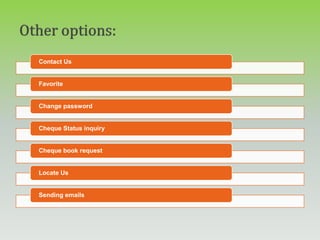 Contact Us
Favorite
Change password
Cheque Status inquiry
Cheque book request
Locate Us
Sending emails
 