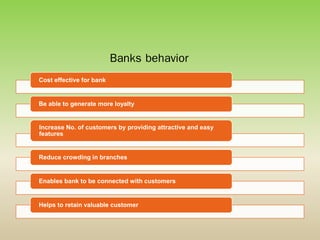 Banks behavior
Cost effective for bank
Be able to generate more loyalty
Increase No. of customers by providing attractive and easy
features
Reduce crowding in branches
Enables bank to be connected with customers
Helps to retain valuable customer
 