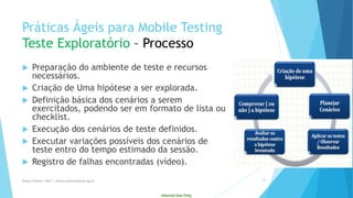 Internal Use Only 
PráticasÁgeispara Mobile TestingTeste Exploratório–Processo 
Preparação do ambiente de teste e recursos necessários. 
Criação de Uma hipótese a ser explorada. 
Definição básica dos cenários a serem exercitados, podendo ser em formato de lista ou checklist. 
Execução dos cenários de teste definidos. 
Executar variações possíveis dos cenários de teste entro do tempo estimado da sessão. 
Registro de falhas encontradas (vídeo). 
Eliane Collins| INdT | eliane.collinso@indt.og.br 23 
 