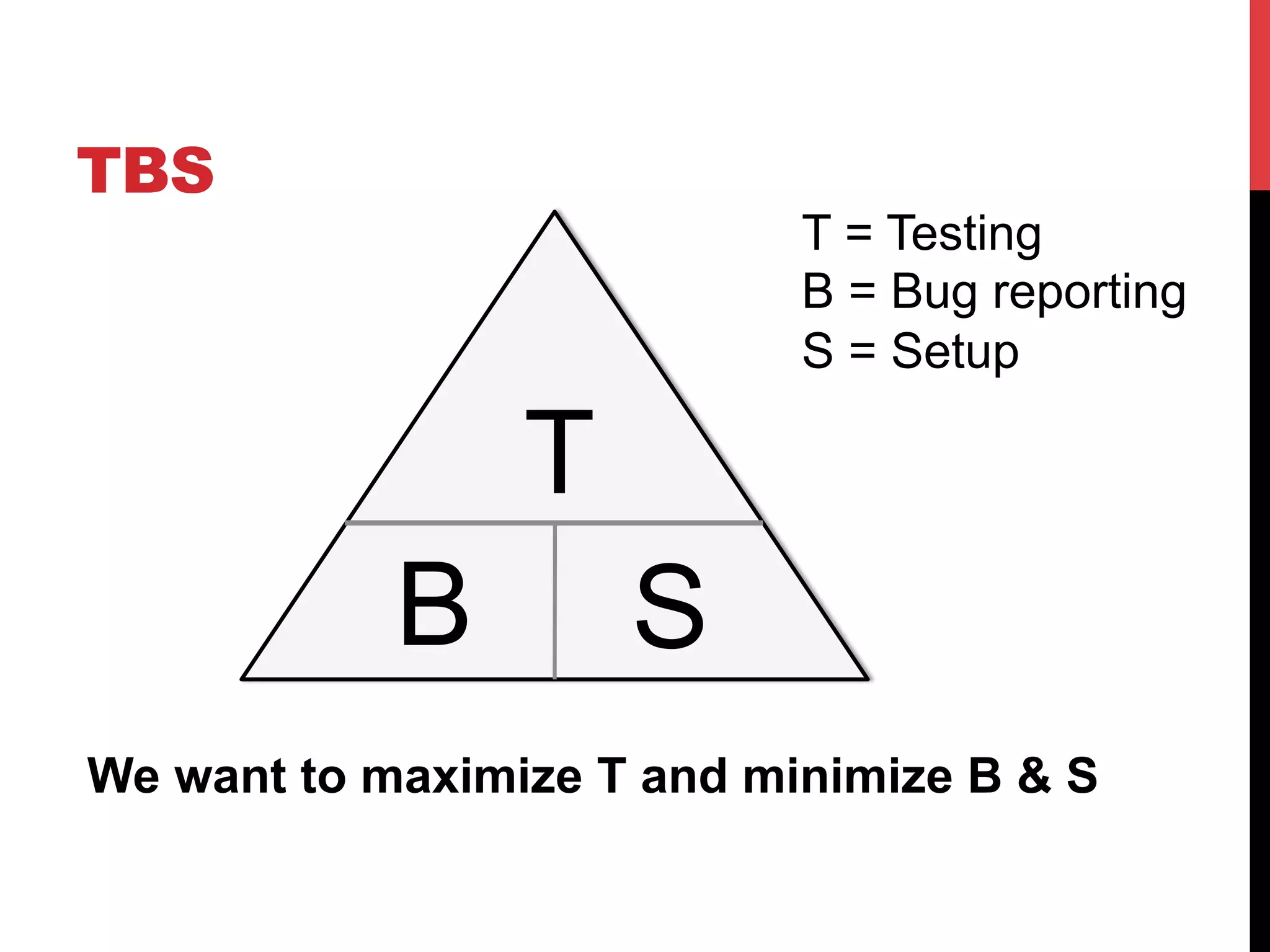 TBS 
T 
B S 
T = Testing 
B = Bug reporting 
S = Setup 
We want to maximize T and minimize B & S 
 