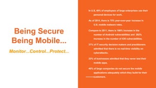 Being Secure
Being Mobile...
Monitor...Control...Protect...
In U.S, 40% of employees of large enterprises use their
personal devices for work.
As of 2014, there is 75% year-over-year increase in
U.S. mobile malware rates.
Compare to 2011, there is 188% increase in the
number of Android vulnerabilities and 262%
increase in the number of iOS vulnerabilities.
37% of IT security decision makers and practitioners
admitted that there is no real-time visibility on
cyberattacks.
33% of businesses admitted that they never test their
mobile apps.
40% of large companies do not secure the mobile
applications adequately which they build for their
customers.
 