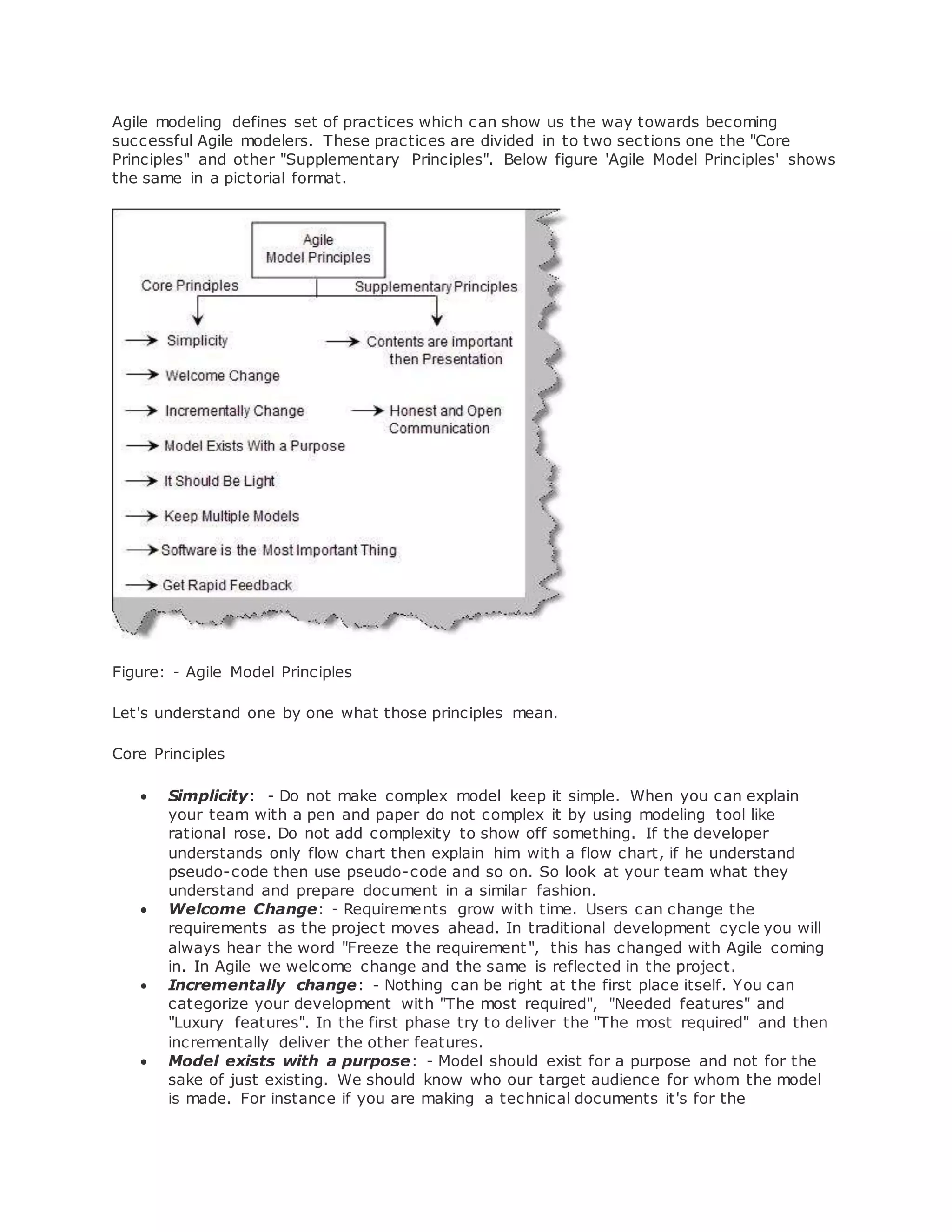 Agile modeling defines set of practices which can show us the way towards becoming 
successful Agile modelers. These practices are divided in to two sections one the "Core 
Principles" and other "Supplementary Principles". Below figure 'Agile Model Principles' shows 
the same in a pictorial format. 
Figure: - Agile Model Principles 
Let's understand one by one what those principles mean. 
Core Principles 
 Simplicity: - Do not make complex model keep it simple. When you can explain 
your team with a pen and paper do not complex it by using modeling tool like 
rational rose. Do not add complexity to show off something. If the developer 
understands only flow chart then explain him with a flow chart, if he understand 
pseudo-code then use pseudo-code and so on. So look at your team what they 
understand and prepare document in a similar fashion. 
 Welcome Change: - Requirements grow with time. Users can change the 
requirements as the project moves ahead. In traditional development cycle you will 
always hear the word "Freeze the requirement ", this has changed with Agile coming 
in. In Agile we welcome change and the same is reflected in the project. 
 Incrementally change: - Nothing can be right at the first place itself. You can 
categorize your development with "The most required", "Needed features" and 
"Luxury features". In the first phase try to deliver the "The most required" and then 
incrementally deliver the other features. 
 Model exists with a purpose: - Model should exist for a purpose and not for the 
sake of just existing. We should know who our target audience for whom the model 
is made. For instance if you are making a technical documents it's for the 
 
