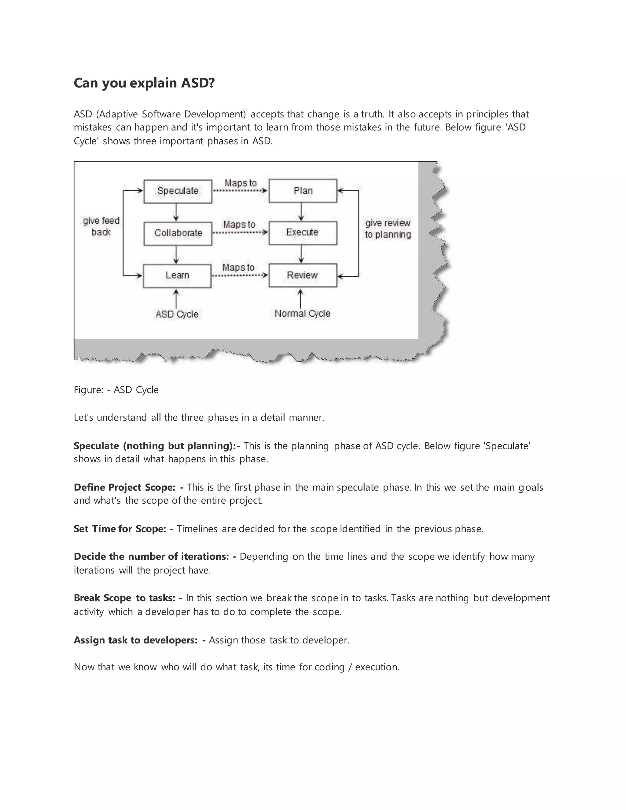 Can you explain ASD? 
ASD (Adaptive Software Development) accepts that change is a truth. It also accepts in principles that 
mistakes can happen and it's important to learn from those mistakes in the future. Below figure 'ASD 
Cycle' shows three important phases in ASD. 
Figure: - ASD Cycle 
Let's understand all the three phases in a detail manner. 
Speculate (nothing but planning):- This is the planning phase of ASD cycle. Below figure 'Speculate' 
shows in detail what happens in this phase. 
Define Project Scope: - This is the first phase in the main speculate phase. In this we set the main goals 
and what's the scope of the entire project. 
Set Time for Scope: - Timelines are decided for the scope identified in the previous phase. 
Decide the number of iterations: - Depending on the time lines and the scope we identify how many 
iterations will the project have. 
Break Scope to tasks: - In this section we break the scope in to tasks. Tasks are nothing but development 
activity which a developer has to do to complete the scope. 
Assign task to developers: - Assign those task to developer. 
Now that we know who will do what task, its time for coding / execution. 
 