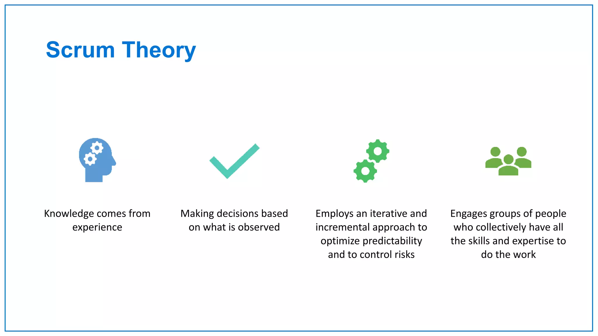 Scrum Theory
Knowledge comes from
experience
Making decisions based
on what is observed
Employs an iterative and
incremental approach to
optimize predictability
and to control risks
Engages groups of people
who collectively have all
the skills and expertise to
do the work
 