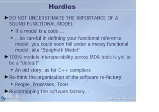Hurdles
► DO NOT UNDERSTIMATE THE IMPORTANCE OF A
  SOUND FUNCTIONAL MODEL
   ► If a model is a code ...

   ► ...be careful in defining your functional reference

     model, you could soon fall under a messy functional
     model: aka “Spaghetti Model”
► 100% models interoperability across MDA tools is yet to
  be a "default"
   ► An old story: as for C++ compilers


► Re-think the organization of the software re-factory:
   ► People, Processes, Tools


► Bootstrapping the software factory...
                                               MDA/EA Forum 2009
 