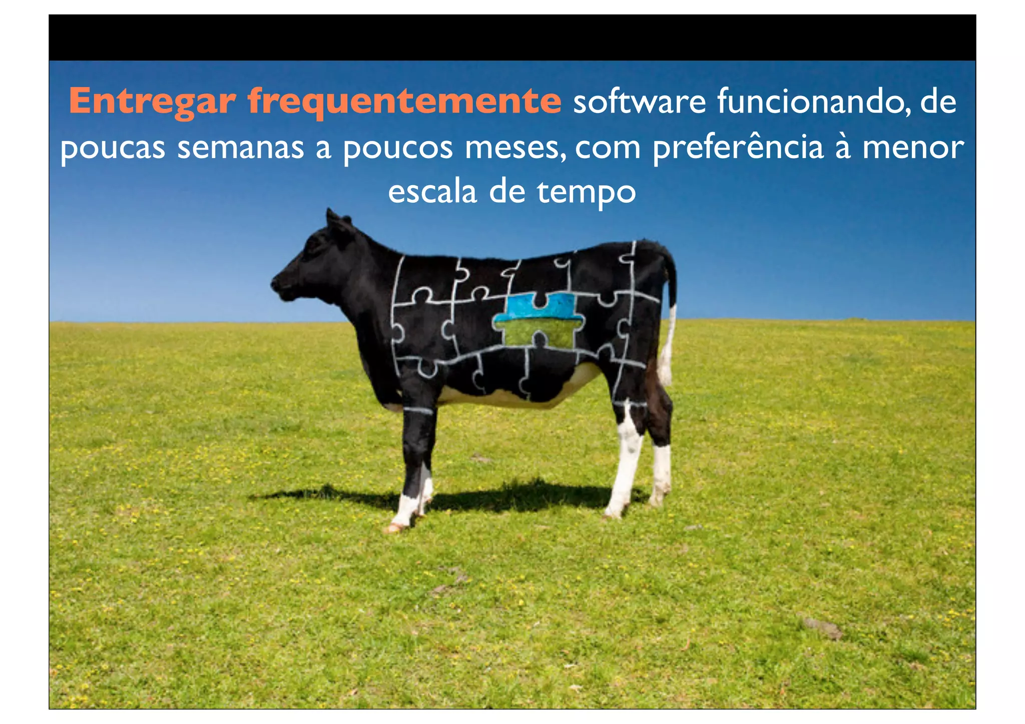 Entregar frequentemente software funcionando, de
poucas semanas a poucos meses, com preferência à menor
                   escala de tempo
 