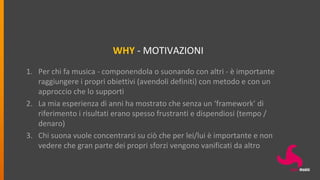WHY - MOTIVAZIONI
1. Per chi fa musica - componendola o suonando con altri - è importante
raggiungere i propri obiettivi (avendoli definiti) con metodo e con un
approccio che lo supporti
2. La mia esperienza di anni ha mostrato che senza un ‘framework’ di
riferimento i risultati erano spesso frustranti e dispendiosi (tempo /
denaro)
3. Chi suona vuole concentrarsi su ciò che per lei/lui è importante e non
vedere che gran parte dei propri sforzi vengono vanificati da altro
 
