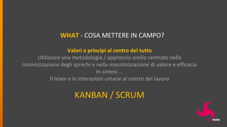 WHAT - COSA METTERE IN CAMPO?
Valori e principi al centro del tutto
Utilizzare una metodologia / approccio snello centrato nella
minimizzazione degli sprechi e nella massimizzazione di valore e efficacia
In sintesi …
Il team e le interazioni umane al centro del lavoro
KANBAN / SCRUM
 