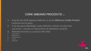 COME ABBIAMO PROCEDUTO …
1. A Aprile del 2020 abbiamo definito un primo Minimum Viable Product
costituito da tre pezzi.
2. Il set dei pezzo (Backlog) è stato definito e rifinito nei due mesi
successivi – usando un meccanismo di selezione e priorità
3. Abbiamo lavorato su un pezzo alla volta:
i. composizione
ii. registrazioni
iii. arrangiamento
iv. mixing
v. mastering
 