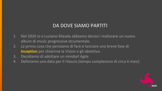 DA DOVE SIAMO PARTITI
1. Nel 2020 io e Luciano Masala abbiamo deciso i realizzare un nuovo
album di music progressive strumentale.
2. La prima cosa che pensiamo di fare è lanciare una breve fase di
Inception per chiarirne la Vision e gli obiettivo
3. Decidiamo di adottare un mindset Agile
4. Definiamo una data per il rilascio (tempo complessivo di circa 6 mesi)
 