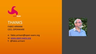 THANKS
FABIO ARMANI
CEO, OPENWARE
e: fabio.armani@open-ware.org
w: www.open-ware.org
f: @fabio.armani
 
