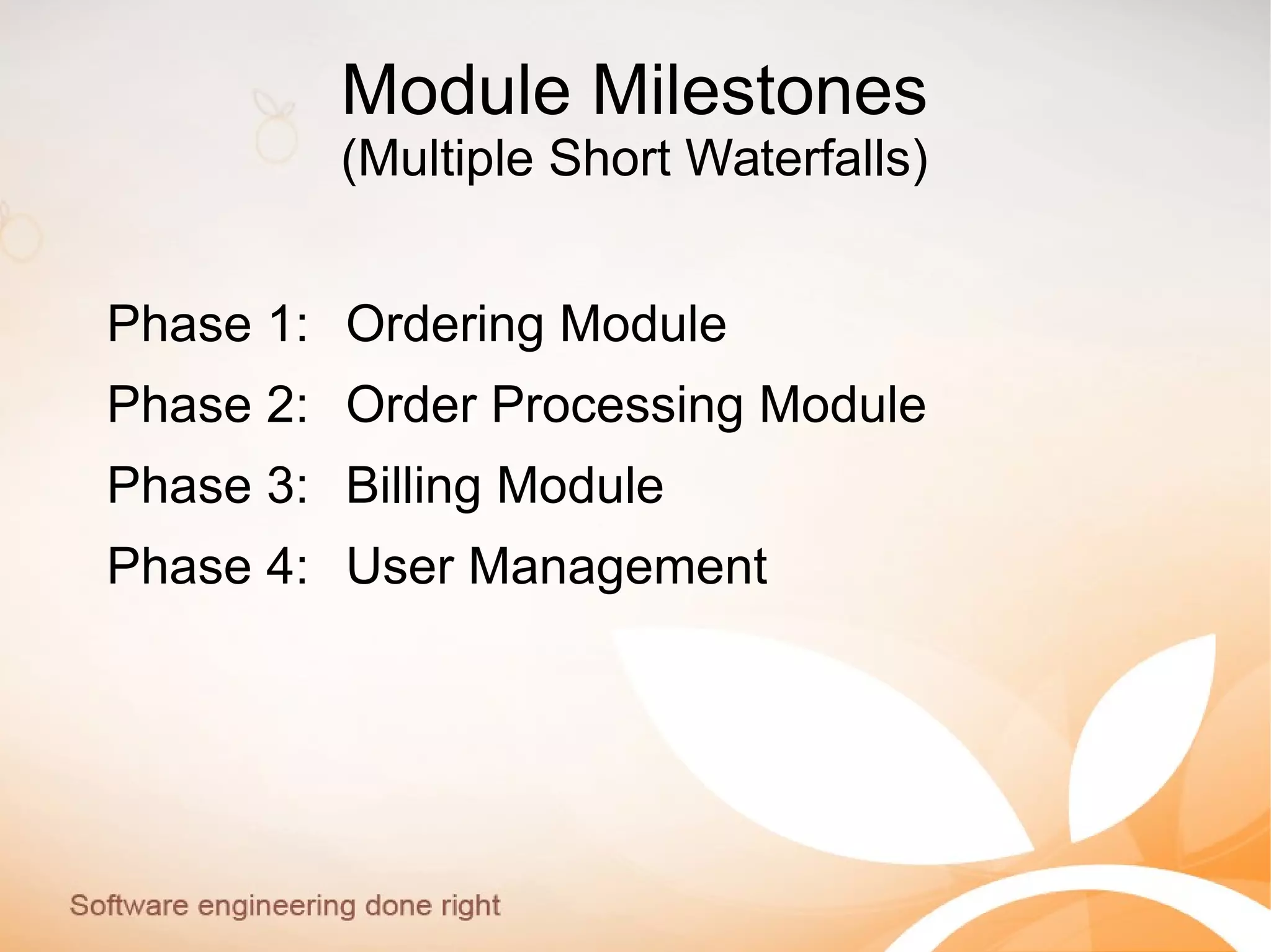 Module Milestones
(Multiple Short Waterfalls)
Phase 1: Ordering Module
Phase 2: Order Processing Module
Phase 3: Billing Module
Phase 4: User Management
 
