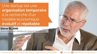 Une startup est une
organisation temporaire
à la recherche d’un
modèle économique
évolutif et répétable.
Steve BLANK
Serial entrepreneur, inventeur du Customer Development
@famisse www.reussir-son-entreprise.frDessinez votre activité avec le Lean Startup - Agile Nantes - 23 mars 2016
 