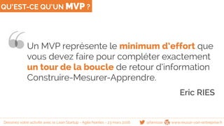 QU’EST-CE QU’UN MVP ?
Un MVP représente le minimum d’effort que
vous devez faire pour compléter exactement
un tour de la boucle de retour d’information
Construire-Mesurer-Apprendre.
Eric RIES
@famisse www.reussir-son-entreprise.frDessinez votre activité avec le Lean Startup - Agile Nantes - 23 mars 2016
 