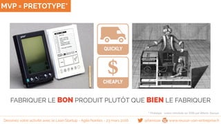 MVP = PRETOTYPE*
FABRIQUER LE BON PRODUIT PLUTÔT QUE BIEN LE FABRIQUER
@famisse www.reussir-son-entreprise.frDessinez votre activité avec le Lean Startup - Agile Nantes - 23 mars 2016
* Prototype : notion introduite en 2009 par Alberto Savoya
 