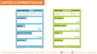 CARTES D’APPRENTISSAGE
@famisse www.reussir-son-entreprise.frDessinez votre activité avec le Lean Startup - Agile Nantes - 23 mars 2016
Nous croyons que
Nous avons
observé que
À partir de là, nous avons appris
que
Nous allons donc
Nous croyons que
Pour vérifier, nous allons
Et mesurer
Nous serons ok si
 