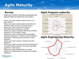 Agile Maturity
 Survey                                            Agile Program maturity
Select the answer that best represents the
typical length of sprints for your team:

•Does your team decide what to work on in
each sprint?
•Does your team create stable code with low
technical debt at the end of each sprint?
•Does your team involve end-users in
evaluating the product you create?
•Does your team complete their daily standup
meeting in 15 minutes or less?
•Does your team involve product managers,
usability engineers, IT staff, or other external
resources in planning and working on each          Agile Engineering Maturity
iteration?
•Does your team conduct 'lessons learned'
sessions?
•Does your team use test-driven development?
•I would recommend that my peers use Agile
practices in their work.
•Does your team hold demos or review
sessions to demonstrate complete and tested
software?
 