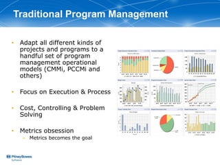Traditional Program Management

• Adapt all different kinds of
  projects and programs to a
  handful set of program
  management operational
  models (CMMi, PCCMi and
  others)

• Focus on Execution & Process

• Cost, Controlling & Problem
  Solving

• Metrics obsession
   – Metrics becomes the goal
 