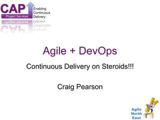 Project Services 
Enabling 
Continuous 
Delivery 
Continuous Delivery on Steroids!!! 
Agile 
North 
East 
Agile + DevOps 
Craig Pearson 
www.ranger4.com DevOpstastic 
 