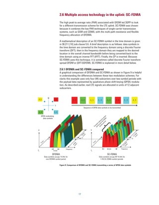 2.6 Multiple access technology in the uplink: SC-FDMA

                              The high peak-to-average ratio (PAR) associated with OFDM led 3GPP to look
                              for a different transmission scheme for the LTE uplink. SC-FDMA was chosen
                              because it combines the low PAR techniques of single-carrier transmission
                              systems, such as GSM and CDMA, with the multi-path resistance and flexible
                              frequency allocation of OFDMA.

                              A mathematical description of an SC-FDMA symbol in the time domain is given
                              in 36.211 [10] sub-clause 5.6. A brief description is as follows: data symbols in
                              the time domain are converted to the frequency domain using a discrete Fourier
                              transform (DFT); then in the frequency domain they are mapped to the desired
                              location in the overall channel bandwidth before being converted back to the
                              time domain using an inverse FFT (IFFT). Finally, the CP is inserted. Because
                              SC-FDMA uses this technique, it is sometimes called discrete Fourier transform
                              spread OFDM or (DFT-SOFDM). SC-FDMA is explained in more detail below.

                              2.6.1 OFDMA and SC-FDMA compared
                              A graphical comparison of OFDMA and SC-FDMA as shown in Figure 9 is helpful
                              in understanding the differences between these two modulation schemes. For
                              clarity this example uses only four (M) subcarriers over two symbol periods with
                              the payload data represented by quadrature phase shift keying (QPSK) modula-
                              tion. As described earlier, real LTE signals are allocated in units of 12 adjacent
                              subcarriers.


              Q
-1,1                   1,1                       1, 1        -1,-1        -1, 1          1, -1                -1,-1    1, 1      1, -1    -1, 1

                        I
                                                                   Sequence of QPSK data symbols to be transmitted

-1,-1                  1,-1
     QPSK modulating                                                                                     er
                                                                                                      ow
       data symbols                                                                                 rp A
                                                                                                 rie FDM
                                                                                               ar -
                                                                                             bc C d
                                                                                           su h S rio
                                                                                         nt eac l pe
                                                                                      ta          o
                                                                                    ns ing mb
                                                                                  Co dur sy

V                                                                           V
                                                           m A




                                                                                                                                              bo A
                                                         sy DM




                                                                                                                                          sy -FDM
                                                               l
                                                            bo




                                                                                                                                                l
                                                           OF




                                                                                                                                            SC
                                                                                                                                            m

                                                              CP
                                                                                                                                          CP
                                                                                  e
      e




                                                                                 m
     m




                                               m A




                                                                                                                                   bo A
                                                                                Ti
     Ti




                                             sy DM




                                                                                                                               sy -FDM
                                                   l
                                                bo




                                                                                                                                     l
                                               OF




                                                                                                                                 SC
                                                                                                                                 m




                                     Frequency                                                                60 kHz          Frequency
fc                   15 kHz                                                 fc

                    OFDMA                                                                                     SC-FDMA
          Data symbols occupy 15 kHz for                                                   Data symbols occupy M*15 kHz for
            one OFDMA symbol period                                                         1/M SC-FDMA symbol periods


                              Figure 9. Comparison of OFDMA and SC-FDMA transmitting a series of QPSK data symbols




                                                        17
 