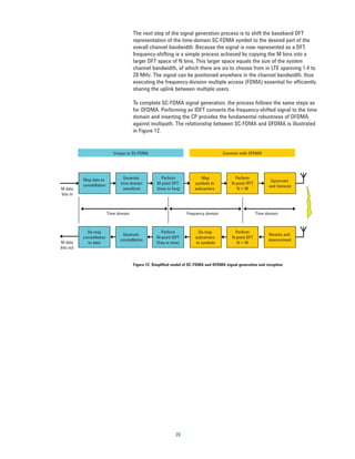 The next step of the signal generation process is to shift the baseband DFT
                                         representation of the time-domain SC-FDMA symbol to the desired part of the
                                         overall channel bandwidth. Because the signal is now represented as a DFT,
                                         frequency-shifting is a simple process achieved by copying the M bins into a
                                         larger DFT space of N bins. This larger space equals the size of the system
                                         channel bandwidth, of which there are six to choose from in LTE spanning 1.4 to
                                         20 MHz. The signal can be positioned anywhere in the channel bandwidth, thus
                                         executing the frequency-division multiple access (FDMA) essential for efficiently
                                         sharing the uplink between multiple users.

                                         To complete SC-FDMA signal generation, the process follows the same steps as
                                         for OFDMA. Performing an IDFT converts the frequency-shifted signal to the time
                                         domain and inserting the CP provides the fundamental robustness of OFDMA
                                         against multipath. The relationship between SC-FDMA and OFDMA is illustrated
                                         in Figure 12.


                              Unique to SC-FDMA                                          Common with OFDMA




           Map data to             Generate             Perform              Map               Perform
                                                                                                                   Upconvert
           constellation         time domain         M-point DFT          symbols to         N-point IFFT
                                                                                                                  and transmit
M data                             waveform          (time to freq)       subcarriers           N>M
bits in



                           Time domain                                Frequency domain                      Time domain



             De-map                                     Perform            De-map              Perform
                                  Generate                                                                        Receive and
           constellation                             M-point IDFT         subcarriers        N-point DFT
                                 constellation                                                                    downconvert
M data       to data                                 (freq to time)       to symbols            N>M
bits out


                                         Figure 12. Simplified model of SC-FDMA and OFDMA signal generation and reception




                                                                20
 