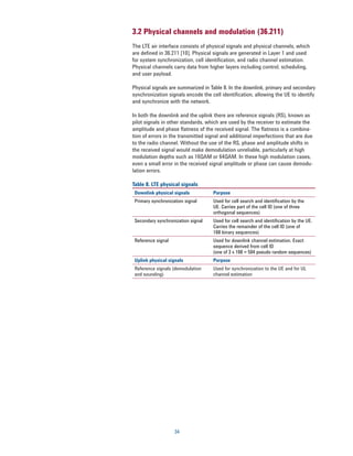 3.2 Physical channels and modulation (36.211)
The LTE air interface consists of physical signals and physical channels, which
are defined in 36.211 [10]. Physical signals are generated in Layer 1 and used
for system synchronization, cell identification, and radio channel estimation.
Physical channels carry data from higher layers including control, scheduling,
and user payload.

Physical signals are summarized in Table 8. In the downlink, primary and secondary
synchronization signals encode the cell identification, allowing the UE to identify
and synchronize with the network.

In both the downlink and the uplink there are reference signals (RS), known as
pilot signals in other standards, which are used by the receiver to estimate the
amplitude and phase ﬂatness of the received signal. The ﬂatness is a combina-
tion of errors in the transmitted signal and additional imperfections that are due
to the radio channel. Without the use of the RS, phase and amplitude shifts in
the received signal would make demodulation unreliable, particularly at high
modulation depths such as 16QAM or 64QAM. In these high modulation cases,
even a small error in the received signal amplitude or phase can cause demodu-
lation errors.

Table 8. LTE physical signals
 Downlink physical signals          Purpose
 Primary synchronization signal     Used for cell search and identiﬁcation by the
                                    UE. Carries part of the cell ID (one of three
                                    orthogonal sequences)
 Secondary synchronization signal   Used for cell search and identiﬁcation by the UE.
                                    Carries the remainder of the cell ID (one of
                                    168 binary sequences)
 Reference signal                   Used for downlink channel estimation. Exact
                                    sequence derived from cell ID
                                    (one of 3 x 168 = 504 pseudo random sequences)
 Uplink physical signals            Purpose
 Reference signals (demodulation    Used for synchronization to the UE and for UL
 and sounding)                      channel estimation




                    34
 
