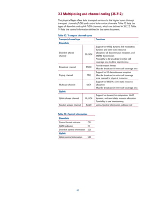 3.3 Multiplexing and channel coding (36.212)
The physical layer offers data transport services to the higher layers through
transport channels (TrCH) and control information channels. Table 13 lists the
types of downlink and uplink TrCH channels, which are defined in 36.212. Table
14 lists the control information defined in the same document.

Table 13. Transport channel types
 Transport channel type                  Functions
 Downlink
                                         Support for HARQ, dynamic link modulation,
                                         dynamic and semi-static resource
 Downlink shared                         allocation, UE discontinuous reception, and
                                DL-SCH
 channel                                 MBMS transmission
                                         Possibility to be broadcast in entire cell
                                         coverage area to allow beamforming
                                         Fixed transport format
 Broadcast channel              PBCH
                                         Must be broadcast in entire cell coverage area
                                         Support for UE discontinuous reception
 Paging channel                  PCH     Must be broadcast in entire cell coverage
                                         area, mapped to physical resources
                                         Support for MBSFN, semi-static resource
 Multicast channel               MCH     allocation
                                         Must be broadcast in entire cell coverage area
 Uplink
                                         Support for dynamic link adaptation, HARQ,
 Uplink shared channel          UL-SCH   dynamic, and semi-static resource allocation
                                         Possibility to use beamforming
 Random access channel          RACH     Limited control information, collision risk



Table 14. Control information
 Downlink
 Control format indicator         CFI
 HARQ indicator                   HI
 Downlink control information     DCI
 Uplink
 Uplink control information       UCI




                     43
 
