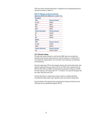 TrCH and control channel information is mapped to the corresponding physical
channels as shown in Table 15.

Table 15. Mapping to physical channels
(based on 36.212 [12] Tables 4.2-1 and 4.1-1])
 Downlink
 TrCH                     Physical channel
 DL-SCH                   PDSCH
 BCH                      PBCH
 PCH                      PDSCH
 MCH                      PMCH
 Control information      Physical channel
 CFI                      PCFICH
 HI                       PHICH
 DCI                      PDCCH
 Uplink
 TrCH                     Physical channel
 UL-SCH                   PUSCH
 RACH                     PRACH
 Control information      Physical channel
 UCI                      PUCCH, PUSCH

3.3.1 Channel coding
The data and control streams to and from the MAC layer are encoded and
decoded using channel coding schemes. Channel coding is a combination of
error detection, segmentation, error correction, rate matching, concatenation,
and interleaving.

Channel coding gives FEC to the transport channel and control information. Two
channel coding schemes are used in LTE for the TrCH: turbo coding for the UL-
SCH, DL-SCH, PCH, and MCH; and tail-biting convolutional coding for the BCH.
For both schemes, the coding rate is R = 1/3 (that is, for every bit that goes into
the coder, three bits come out).

Control information is coded using various schemes, including tail-biting
convolutional coding, block code, repetition code, and various coding rates.

Precise details of the physical layer processing for transport channels vary by
TrCH type and are specified throughout 36.212.




                   44
 