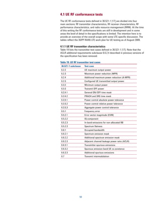 4.1 UE RF conformance tests
The UE RF conformance tests defined in 36.521-1 [17] are divided into four
main sections: RF transmitter characteristics, RF receiver characteristics, RF
performance characteristics, and radio resource management (RRM). At the time
of this writing the RF conformance tests are still in development and in some
areas the level of detail in the specifications is limited. The intention here is to
provide an overview of the overall scope with some LTE-specific discussion. The
tables reflect the 3GPP RAN5 LTE work plan for UE testing as of August 2009.

4.1.1 UE RF transmitter characteristics
Table 19 lists the transmitter test cases defined in 36.521-1 [17]. Note that the
ACLR additional requirements subclause 6.6.2.4 described in previous versions of
the specification has been removed.

Table 19. UE RF transmitter test cases
 36.521-1 subclause     Test case
 6.2.2                  UE maximum output power
 6.2.3                  Maximum power reduction (MPR)
 6.2.4                  Additional maximum power reduction (A-MPR)
 6.2.5                  Configured UE transmitted output power
 6.3.2                  Minimum output power
 6.3.3                  Transmit OFF power
 6.3.4.1                General ON/OFF time mask
 6.3.4.2                PRACH and SRS time mask
 6.3.5.1                Power control absolute power tolerance
 6.3.5.2                Power control relative power tolerance
 6.3.5.3                Aggregate power control tolerance
 6.5.1                  Frequency error
 6.5.2.1                Error vector magnitude (EVM)
 6.5.2.2                IQ-component
 6.5.2.3                In-band emissions for non-allocated RB
 6.5.2.3                Spectrum flatness
 6.6.1                  Occupied bandwidth
 6.6.2.1                Spectrum emission mask
 6.6.2.2                Additional spectrum emission mask
 6.6.2.3                Adjacent channel leakage power ratio (ACLR)
 6.6.3.1                Transmitter spurious emissions
 6.6.3.2                Spurious emission band UE co-existence
 6.6.3.3                Additional spurious emissions
 6.7                    Transmit intermodulation




                   59
 