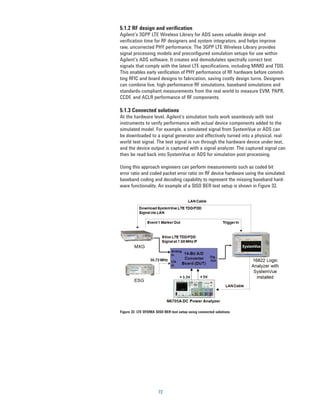 5.1.2 RF design and verification
Agilent’s 3GPP LTE Wireless Library for ADS saves valuable design and
verification time for RF designers and system integrators, and helps improve
raw, uncorrected PHY performance. The 3GPP LTE Wireless Library provides
signal processing models and preconfigured simulation setups for use within
Agilent’s ADS software. It creates and demodulates spectrally correct test
signals that comply with the latest LTE specifications, including MIMO and TDD.
This enables early verification of PHY performance of RF hardware before commit-
ting RFIC and board designs to fabrication, saving costly design turns. Designers
can combine live, high-performance RF simulations, baseband simulations and
standards-compliant measurements from the real world to measure EVM, PAPR,
CCDF, and ACLR performance of RF components.

5.1.3 Connected solutions
At the hardware level, Agilent’s simulation tools work seamlessly with test
instruments to verify performance with actual device components added to the
simulated model. For example, a simulated signal from SystemVue or ADS can
be downloaded to a signal generator and effectively turned into a physical, real-
world test signal. The test signal is run through the hardware device under test,
and the device output is captured with a signal analyzer. The captured signal can
then be read back into SystemVue or ADS for simulation post-processing.

Using this approach engineers can perform measurements such as coded bit
error ratio and coded packet error ratio on RF device hardware using the simulated
baseband coding and decoding capability to represent the missing baseband hard-
ware functionality. An example of a SISO BER test setup is shown in Figure 32.




Figure 32. LTE OFDMA SISO BER test setup using connected solutions




                       72
 